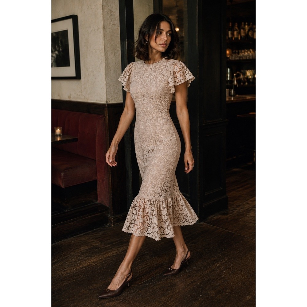 Rachel Parcell Celeste Floral Lace Flutter Sleeve Ruffle Hem Midi Dress M